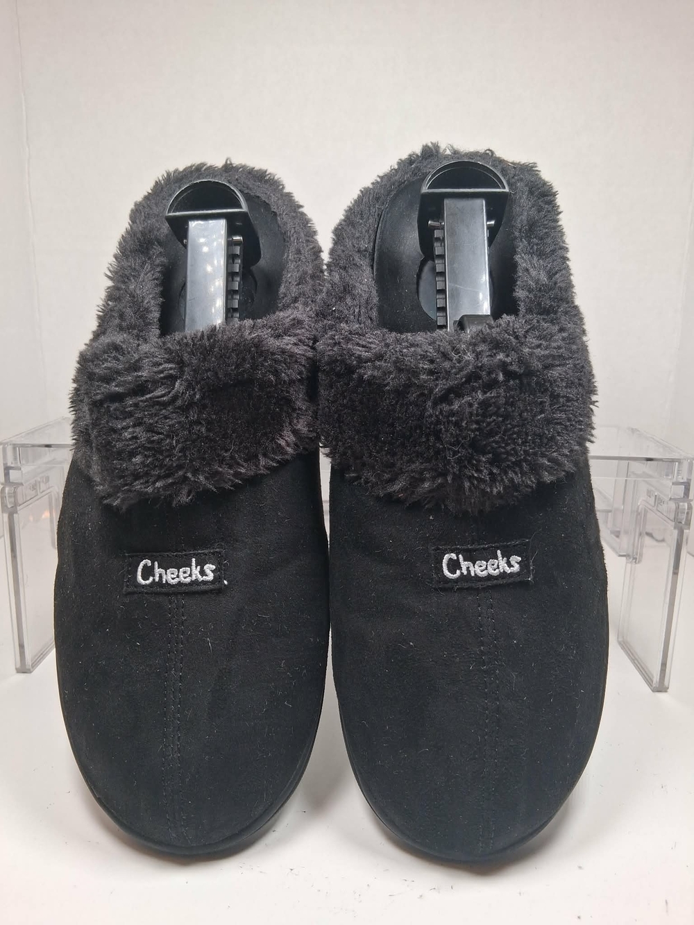 Cheeks Black Faux Fur Trim Slip-On Slippers Women's 8.5M Round Toe Flat, Sz8.5